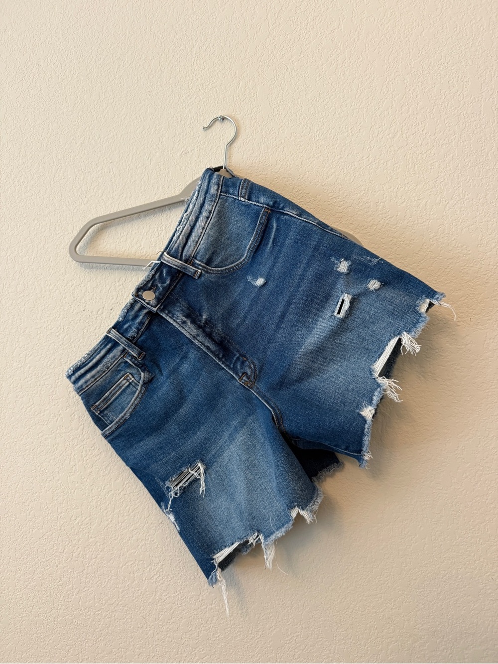 High-Rise Distressed Denim Shorts - Blue Medium Wash